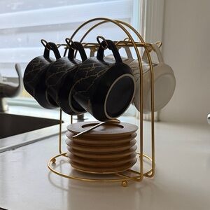 Elegant Black and White Coffee Mug Set with Gold Stand